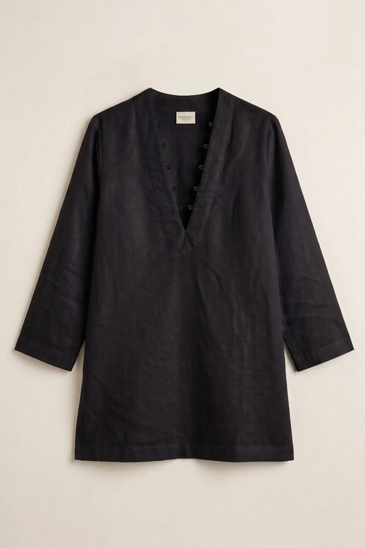 Black Linen V Neck Top