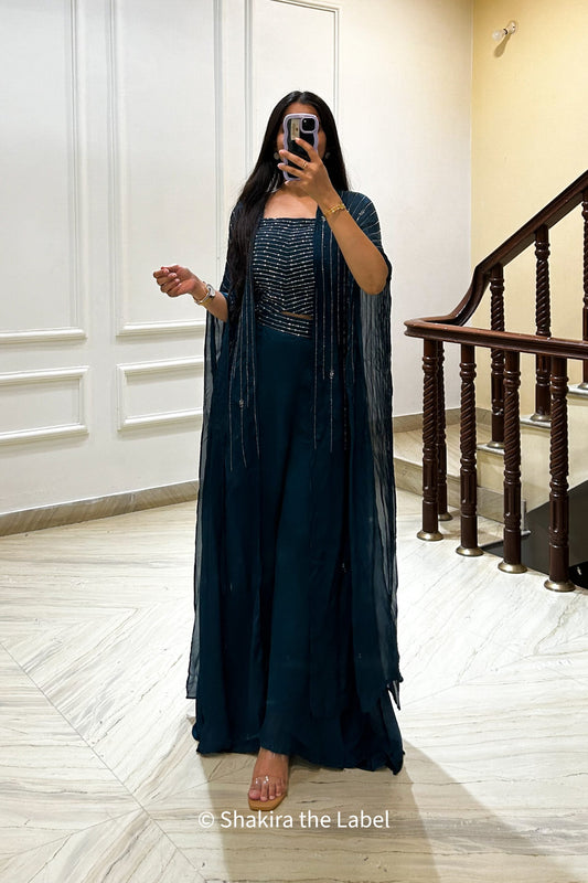 Blue Cape with Crop top & Palazzo