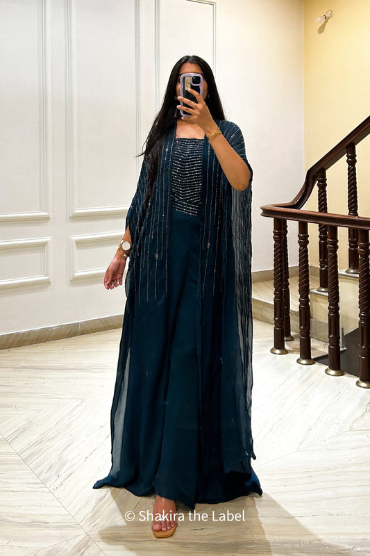 Blue Cape with Crop top & Palazzo