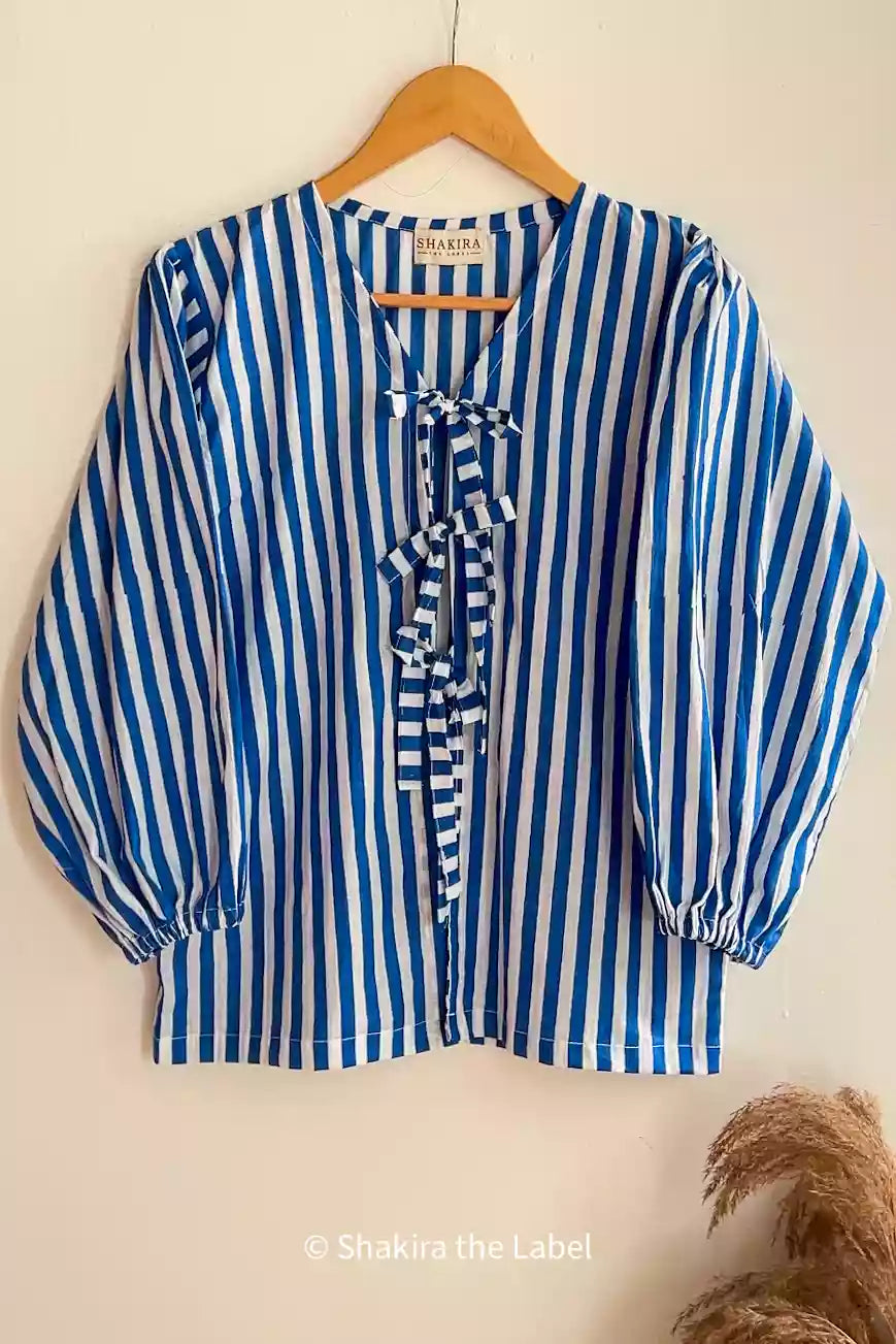 Blue Strip Bow Tie Top