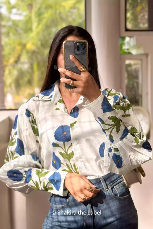Blue Mughal Poppy Statement Shirt, Blue Poppy Shirt