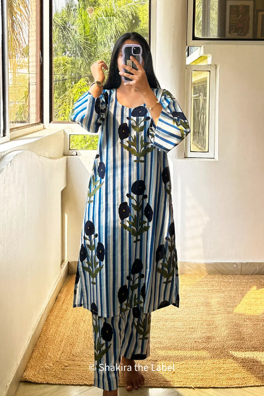Blue Poppy Print Cotton Kurta Coord Set