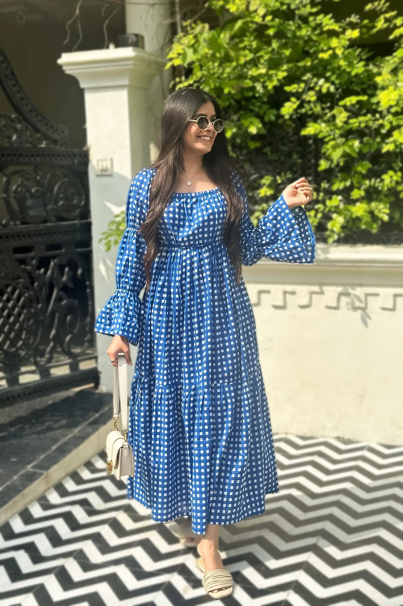 blue check midi dress Blue Gingham Zip Front Midi Dress - All Dresses