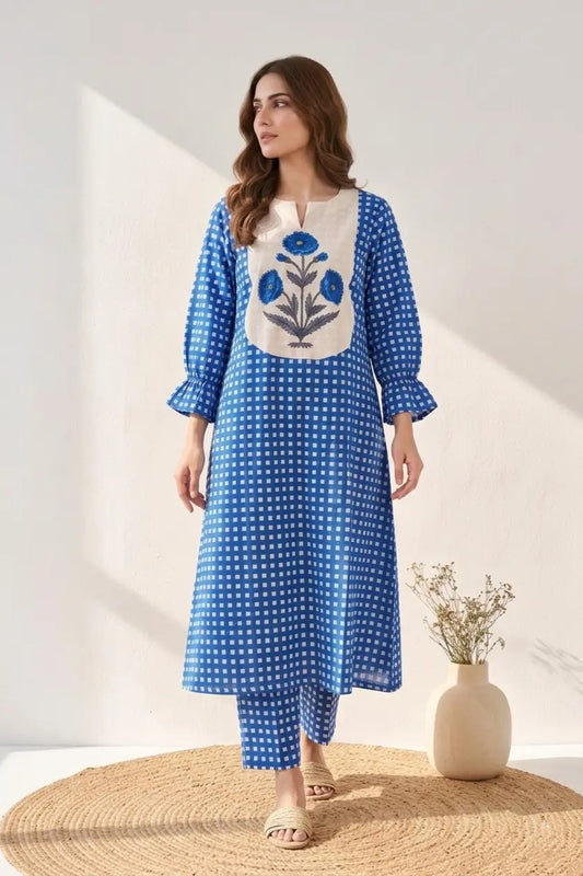 Mughal Butta Checkered Co-ord Set - Blue