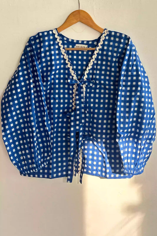 Blue Gingham Checks Bow Tie Top