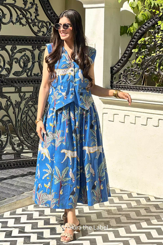 Sleeveless waistcoat with matching jungle print skirt in cotton, Breathable summer co-ord set