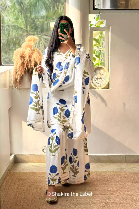 Blue Mughal Butta Sharara (Set of 3)