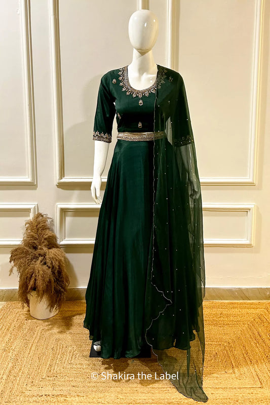 Bottle Green Chinon Silk Lehenga Set