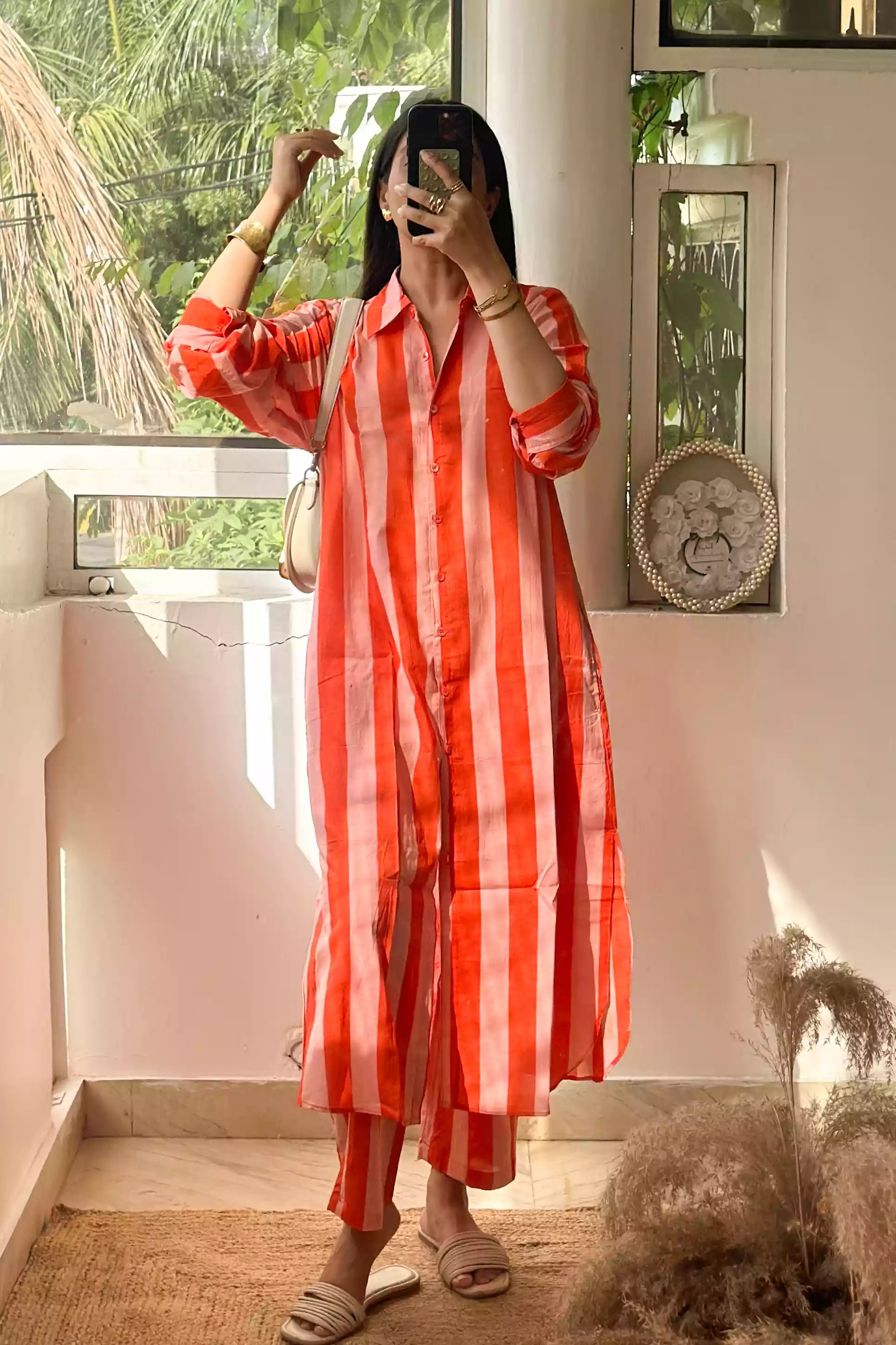 orange candy stripe co-ord set, Breathable cotton coord set for women