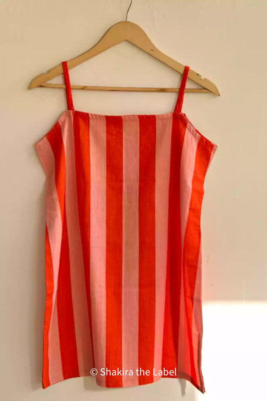 Orange Stripe Kurti Top, Cotton Summer Style for Gen Z,Noodle Strap Short Kurti Top

