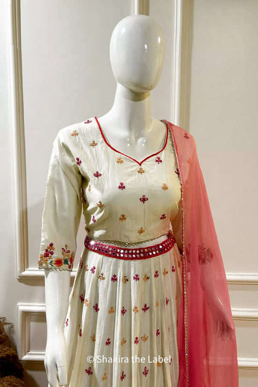 White Multi Colored Lehenga Set