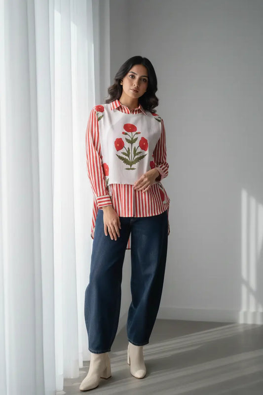 Red Mughal Shirt & Waistcoat Set