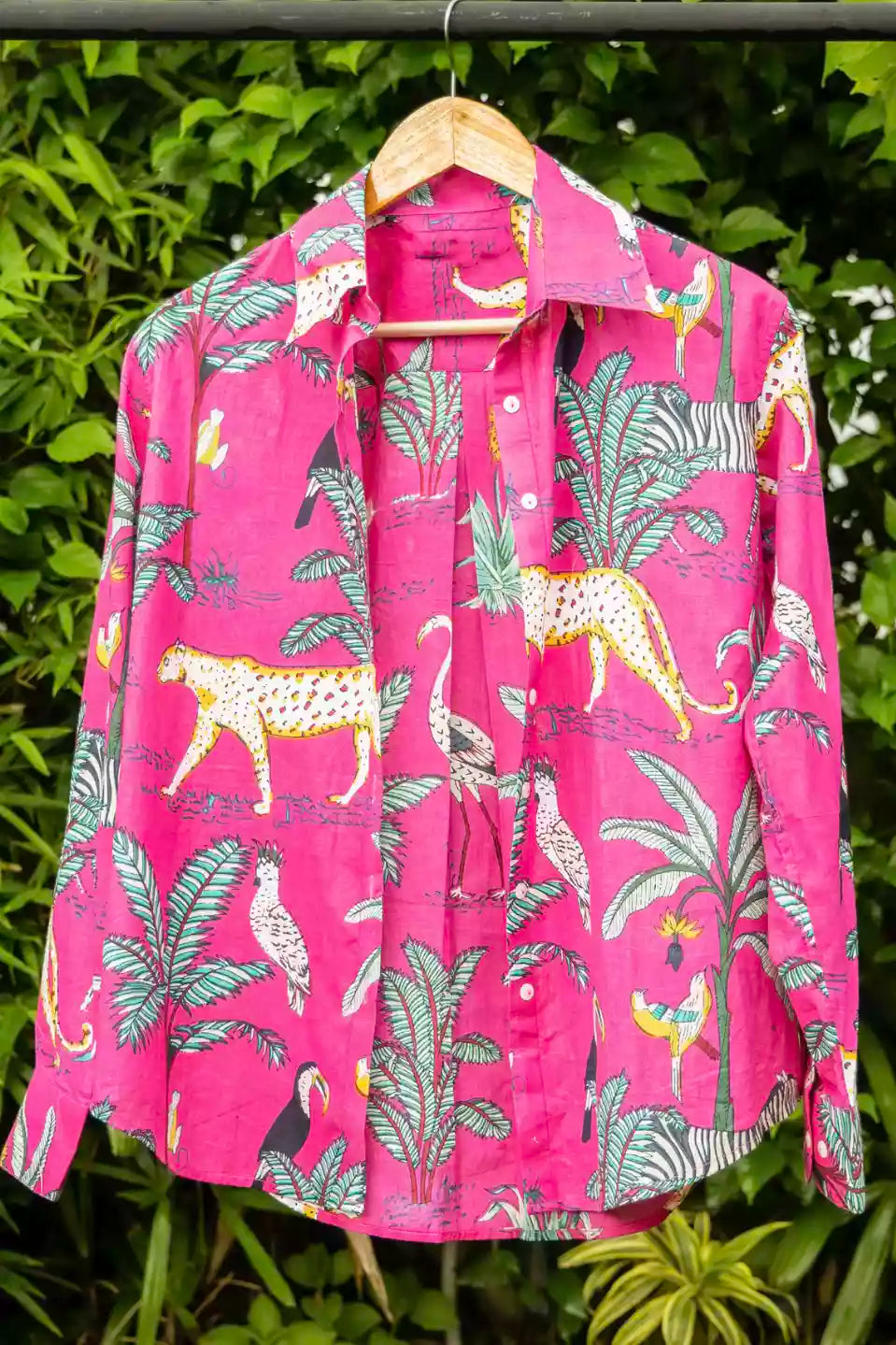 pink jungle safari cotton shirt, tropical shirt, cotton shirt