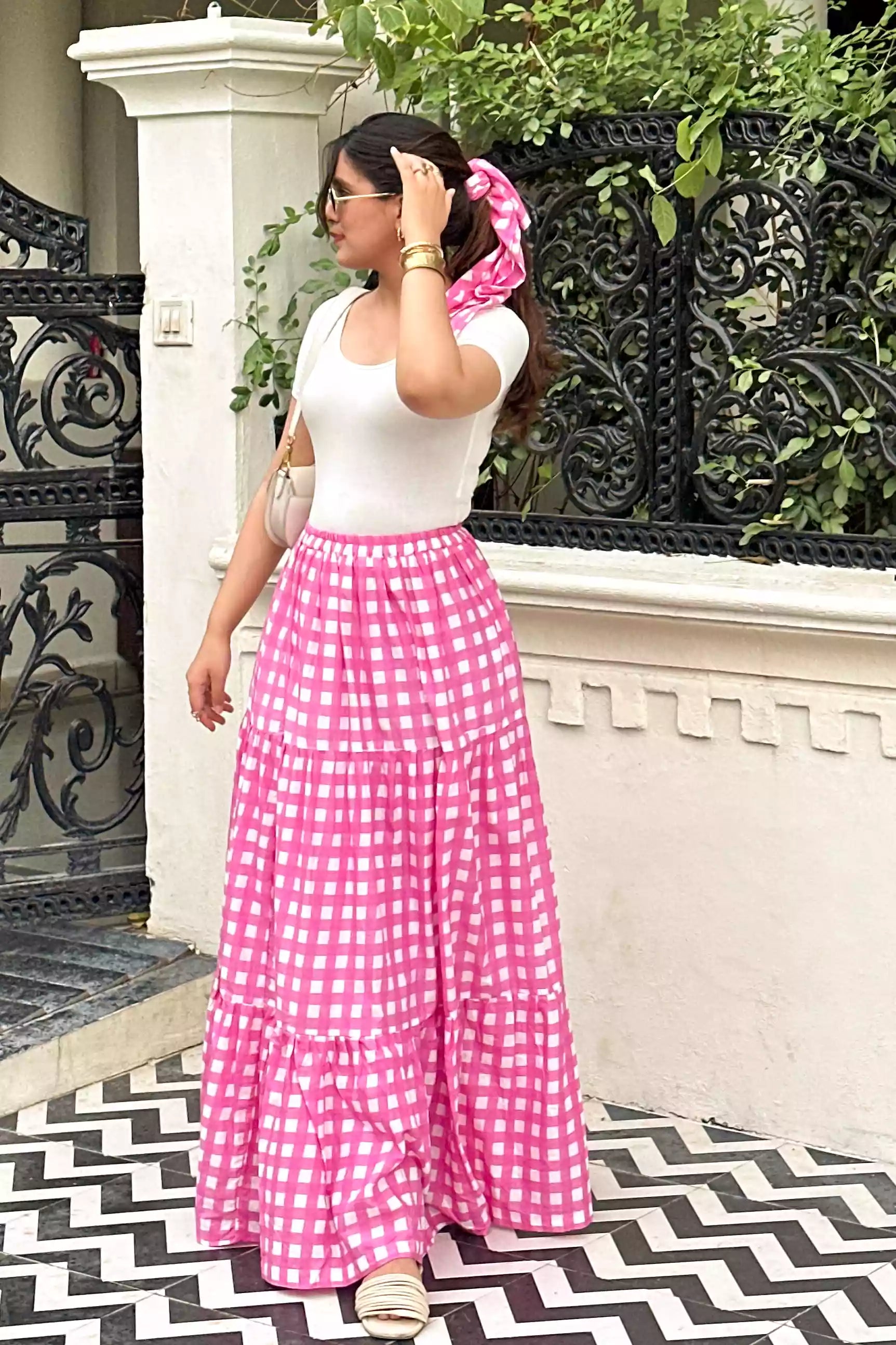 Boho-style pink check midi skirt, Soft pink checked skirt, Boho-style pink check skirt, pink gingham cotton skirt

