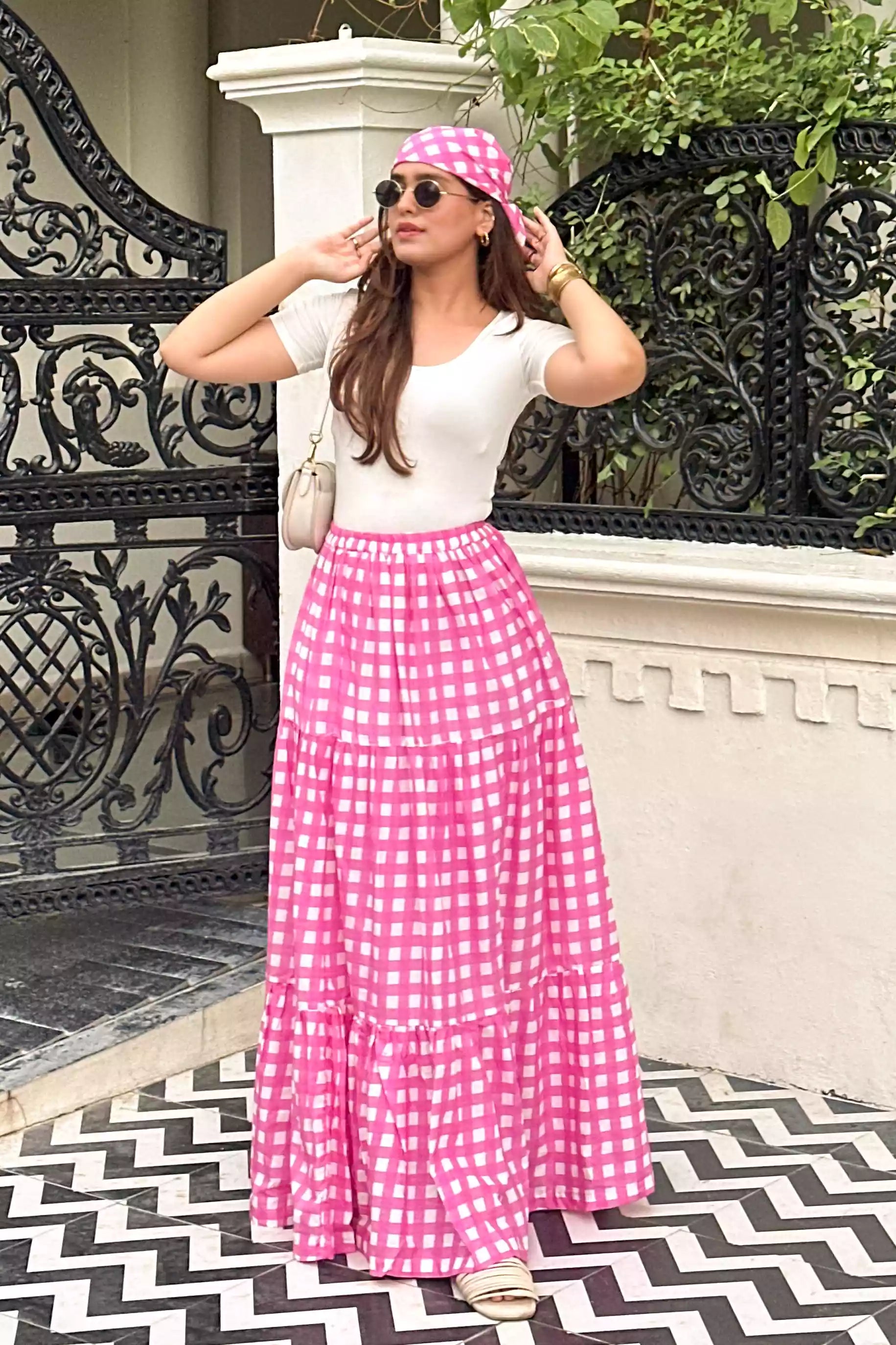 Pink gingham check cotton skirt for women, High-waisted pink plaid skirt for women