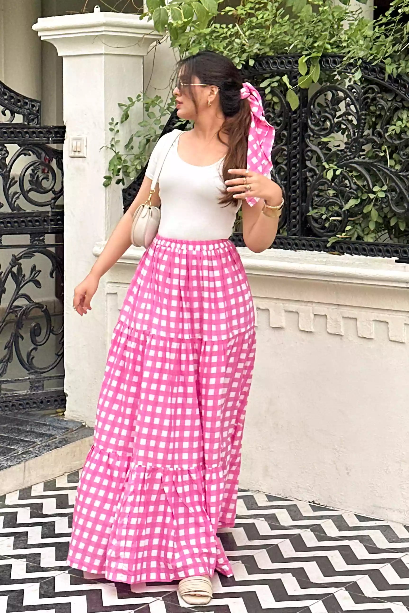 Flowy pink check skirt in soft cotton, Women's long pink check skirt