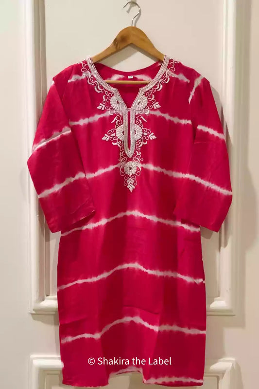 Muslin lehriya Rani pink Handwork Kurti
