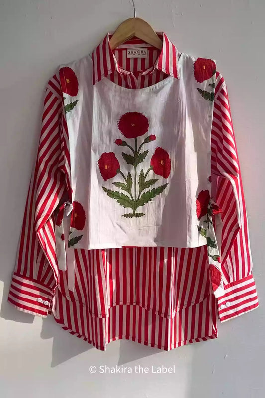 Red Stripe Shirt, Cotton Shirt, Stripe Shirt, Mughal Butta, waist Coat