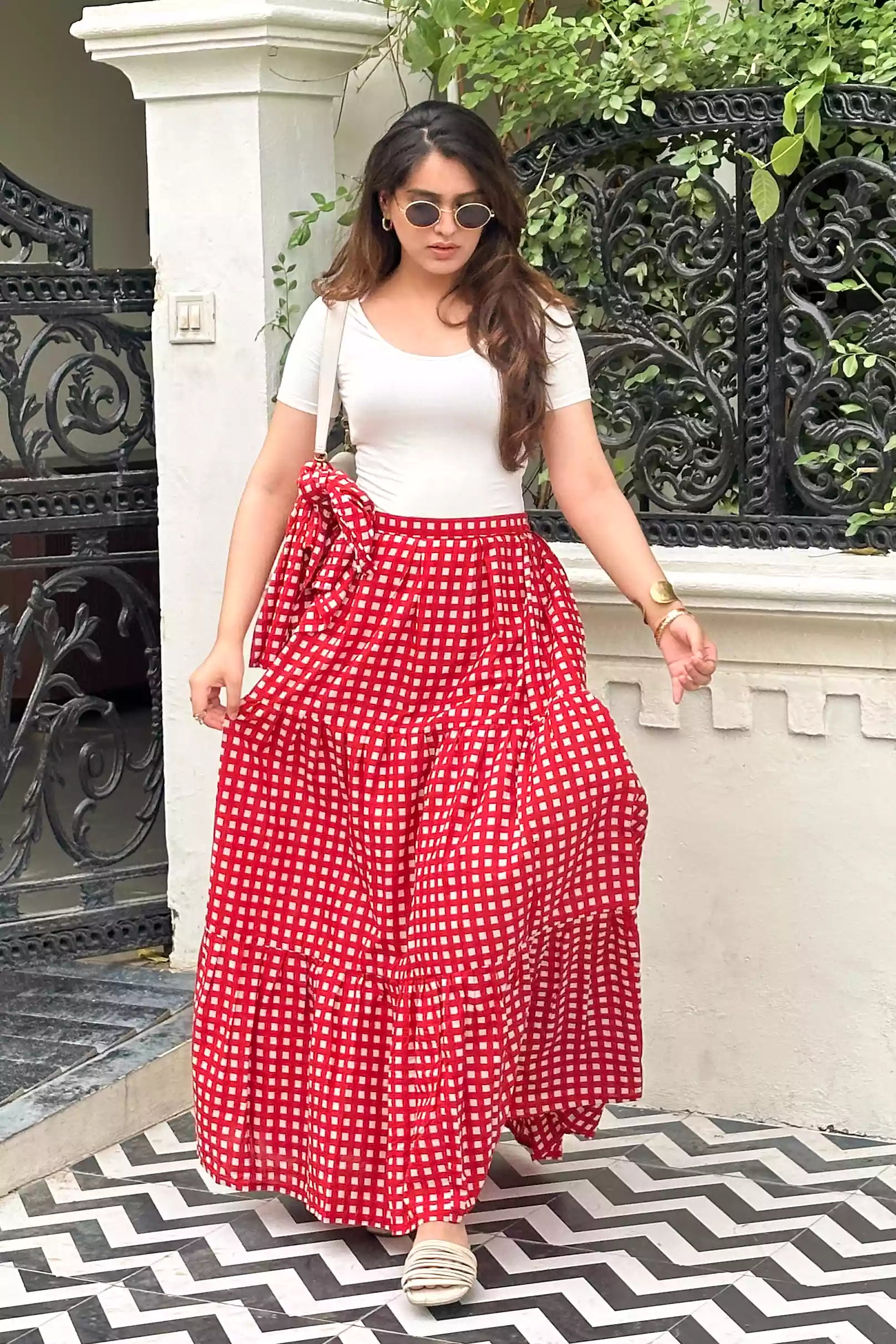 red cotton skirt for women, gingham check skirt long, breathable summer skirt