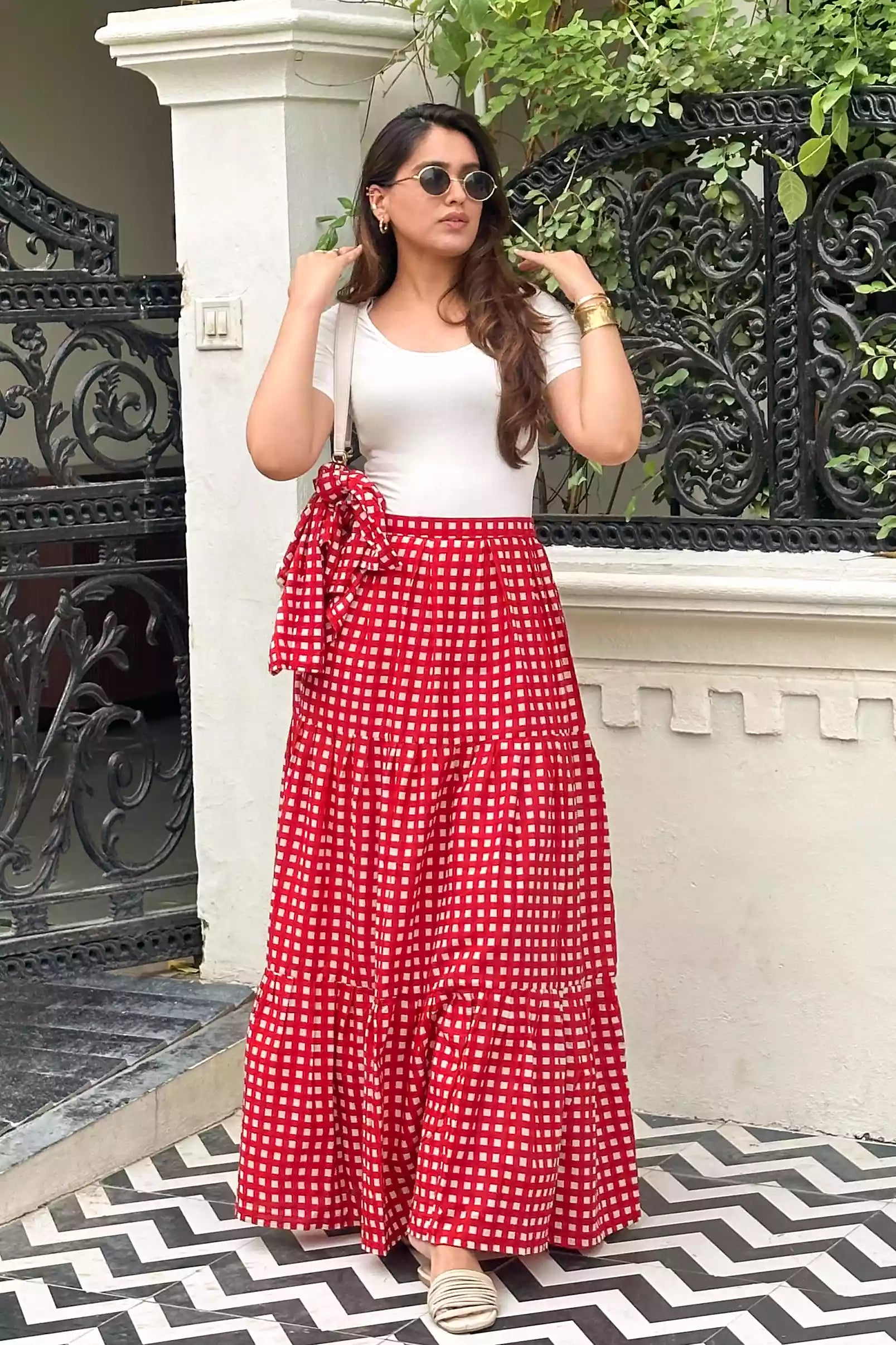 casual red maxi skirt, bohemian cotton skirt women,High-waisted red checkered skirt