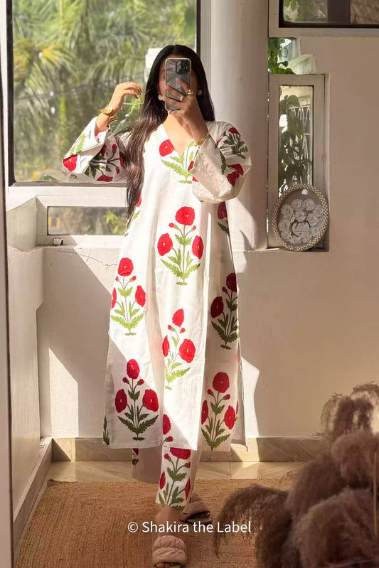 Red Mughal Poppy Kurta set
