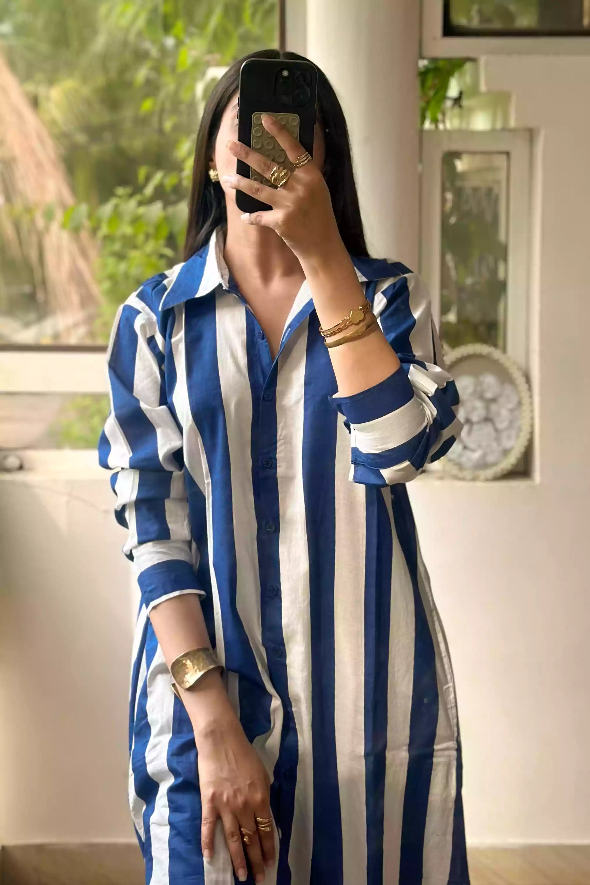 Relaxed-fit striped shirt for women,  pure cotton breathable fabric