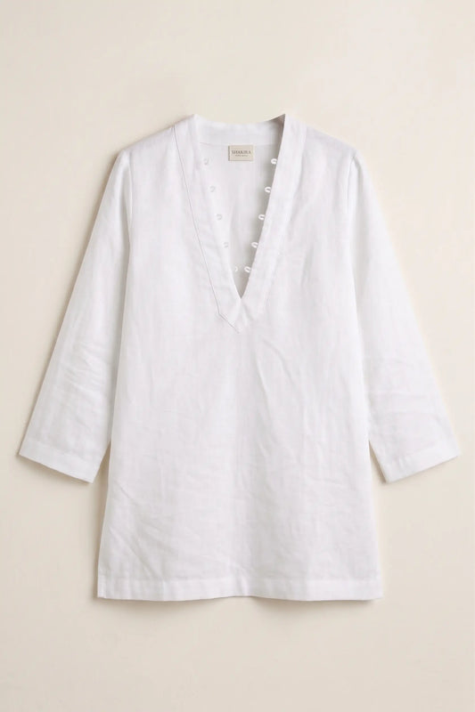White Linen V Neck Top